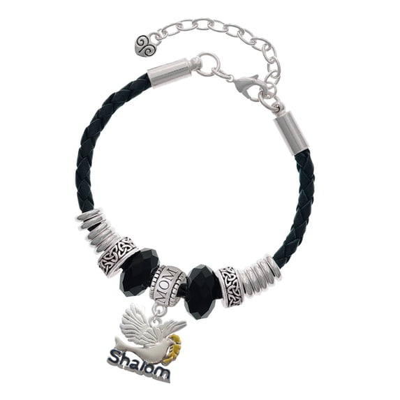 Delight Jewelry Silvertone Shalom with Dove Mom Celtic Knot Leather Bead Bracelet, 7"+2" Extender