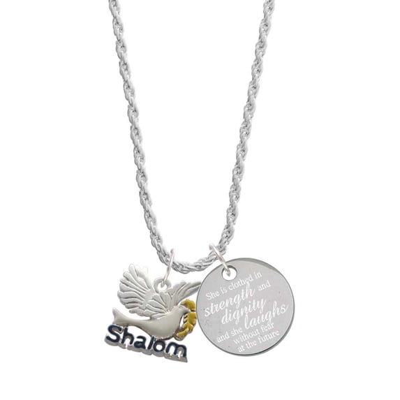 Delight Jewelry Silvertone Shalom with Dove She is Clothed in Stength and Dignity Charm Necklace, 20"+3"