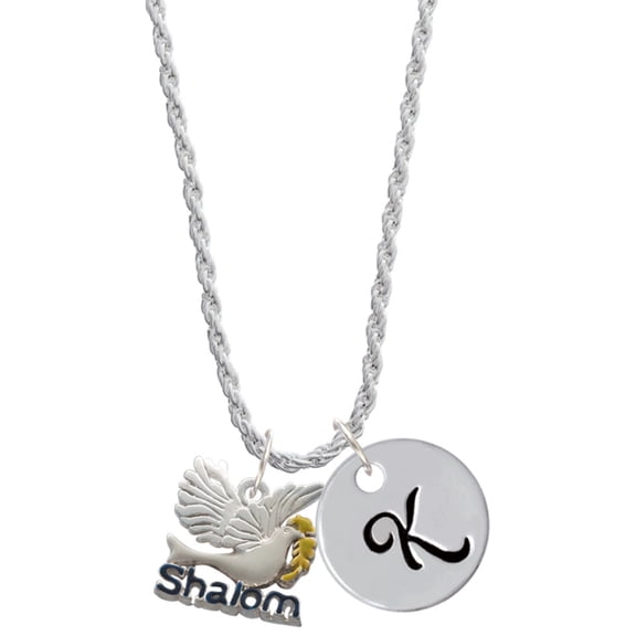 Delight Jewelry Silvertone Shalom with Dove Silvertone Script Initial Disc - K - Charm Necklace, 20"+3"