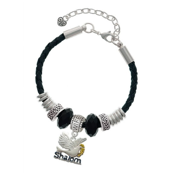 Delight Jewelry Silvertone Shalom with Dove Wife Celtic Knot Leather Bead Bracelet, 7"+2" Extender