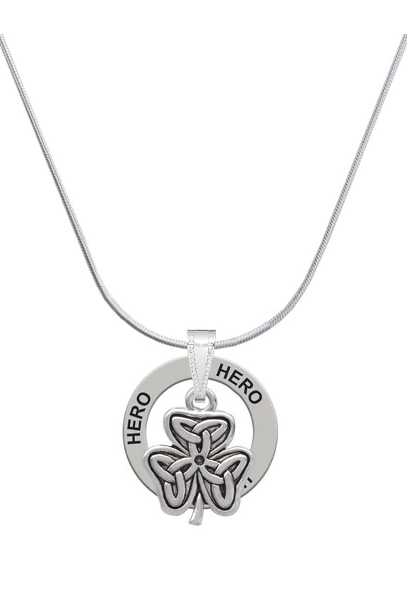 Silvertone Shamrock with Celtic Knot Hero Ring Charm Necklace, 18"