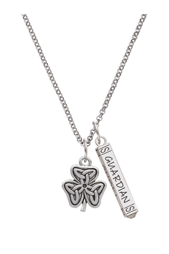 Silvertone Shamrock with Celtic Knot Silvertone Guardian Angel Bar Charm Necklace, 23"