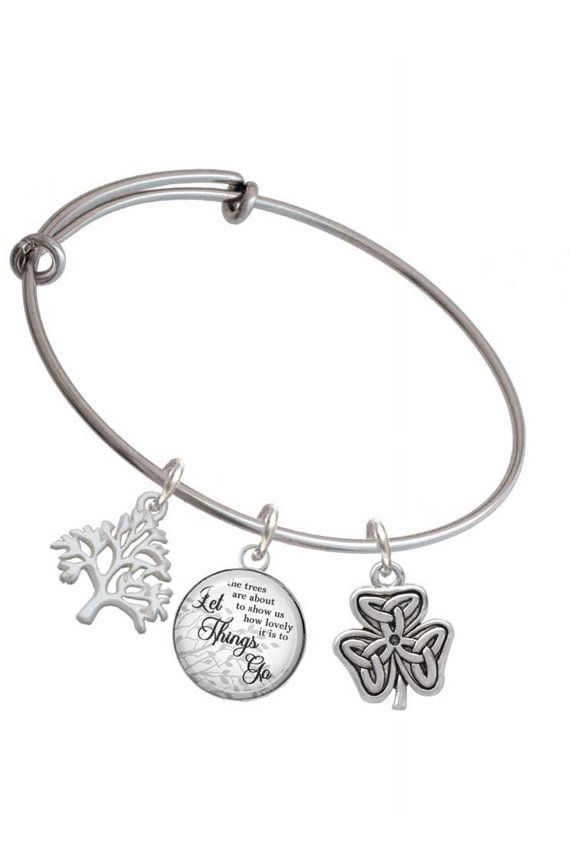 Silvertone Shamrock with Celtic Knot Silvertone Let Things Go Tree Charm Bangle Bracelet