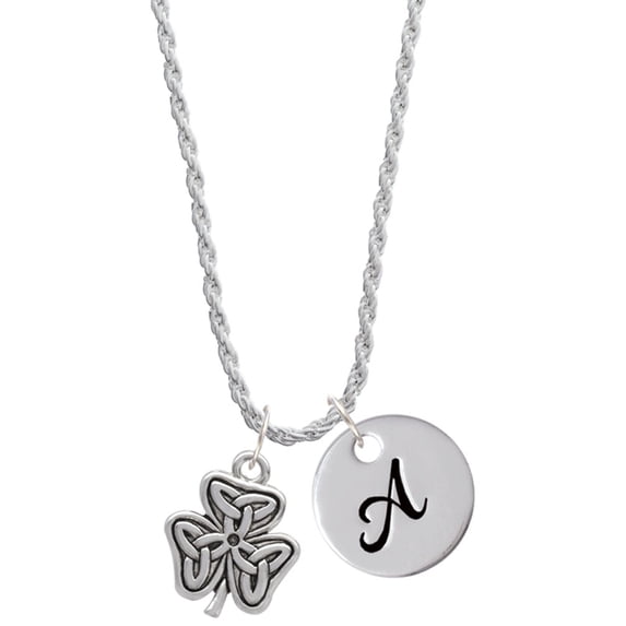 Delight Jewelry Silvertone Shamrock with Celtic Knot Silvertone Script Initial Disc - A - Charm Necklace, 20"+3"