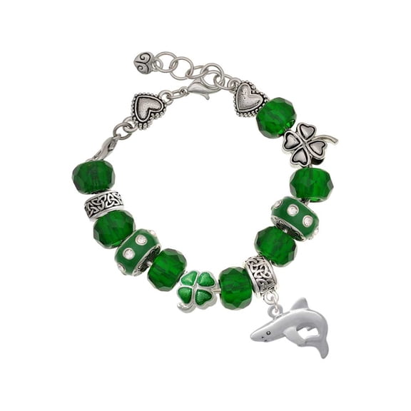 Delight Jewelry Silvertone Shark - Green Irish Luck Bead Charm Bracelet, 7.5"