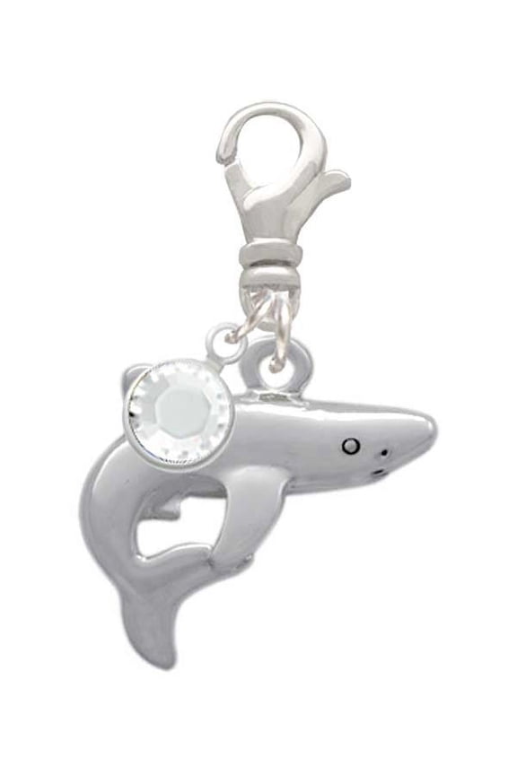Silvertone Shark - Silvertone Clip on Charm with Clear Crystal Drop