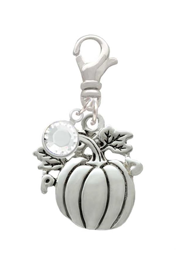Silvertone Silvertone Large Antiqued Pumpkin - Silvertone Clip on Charm with Clear Crystal Drop