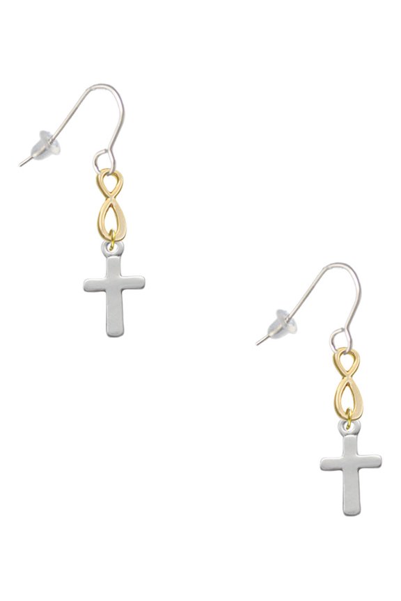Silvertone Simple Plain Small Cross Gold Tone Infinity French Earrings