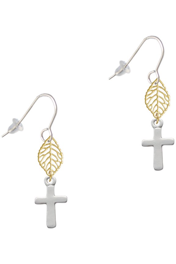 Silvertone Simple Plain Small Cross Goldtone Leaf French Earrings