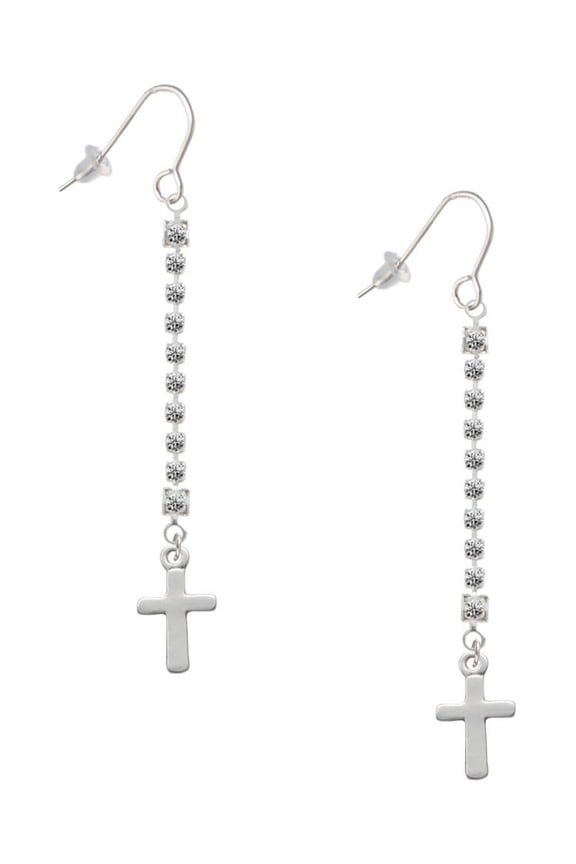 Silvertone Simple Plain Small Cross - Silver-tone Long Sparkle Dangle French Earrings