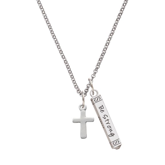 Delight Jewelry Silvertone Simple Plain Small Cross Silvertone Be Strong and Courageous Bar Charm Necklace, 23"