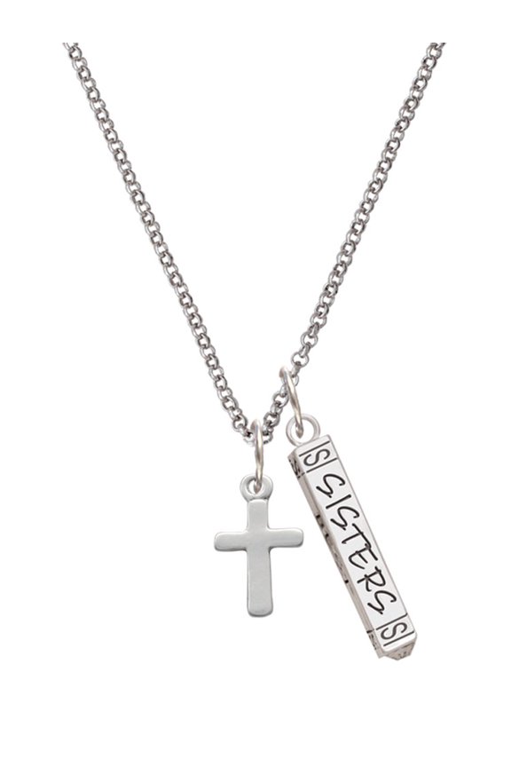 Silvertone Simple Plain Small Cross Silvertone Sisters Best Friends Forever Bar Charm Necklace, 23"