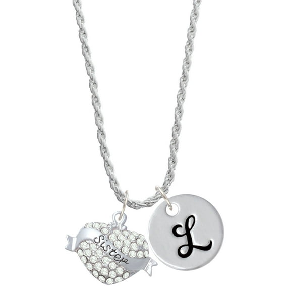Delight Jewelry Silvertone Sister Banner on Clear Crystal Heart Silvertone Script Initial Disc - L - Charm Necklace, 20"+3"