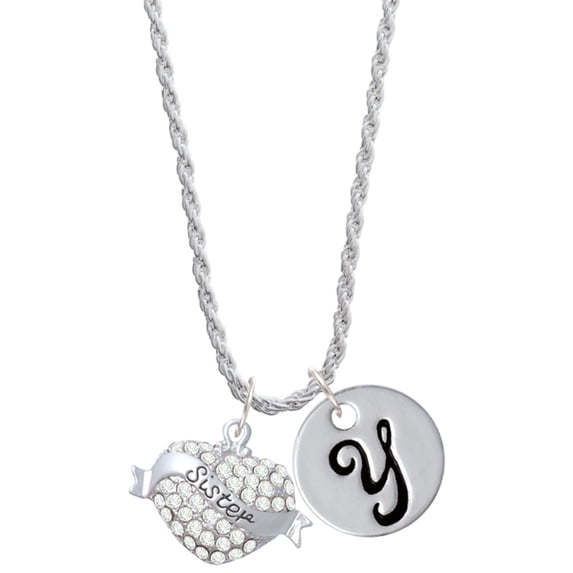 Delight Jewelry Silvertone Sister Banner on Clear Crystal Heart Silvertone Script Initial Disc - Y - Charm Necklace, 20"+3"