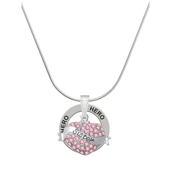 Delight Jewelry Silvertone Sister Banner on Pink Crystal Heart Hero Ring Charm Necklace, 18"