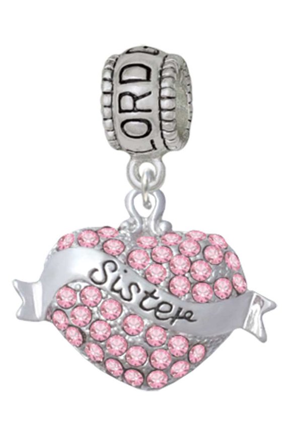 Silvertone Sister Banner on Pink Crystal Heart Lord Guide Me Charm Bead