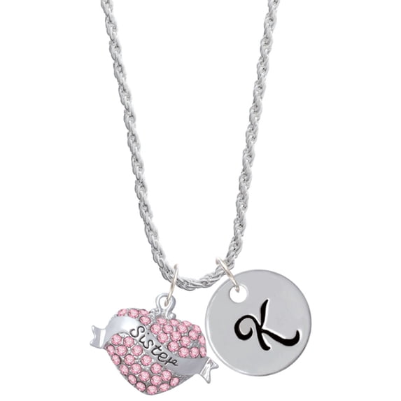 Delight Jewelry Silvertone Sister Banner on Pink Crystal Heart Silvertone Script Initial Disc - K - Charm Necklace, 20"+3"