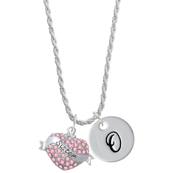 Delight Jewelry Silvertone Sister Banner on Pink Crystal Heart Silvertone Script Initial Disc - O - Charm Necklace, 20"+3"
