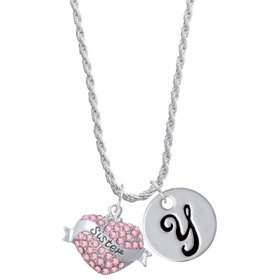 Delight Jewelry Silvertone Sister Banner on Pink Crystal Heart Silvertone Script Initial Disc - Y - Charm Necklace, 20"+3"