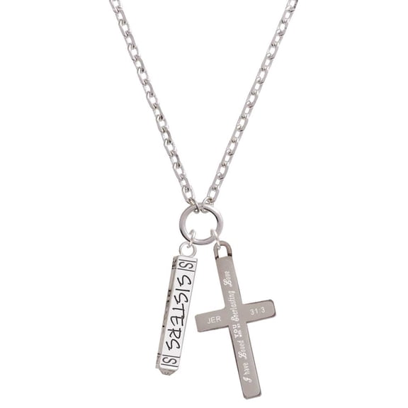 Delight Jewelry Silvertone Sisters Best Friends Forever Bar Everlasting Love Engraved Cross Zoey Necklace, 28"