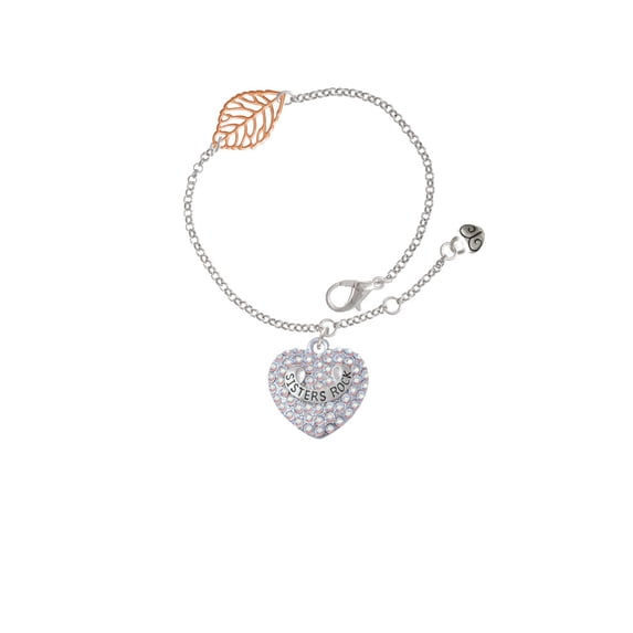 Delight Jewelry Silvertone Sisters Rock on AB Crystal Heart - Rose Goldtone Leaf Delicate Bracelet, 6.25+1.75"