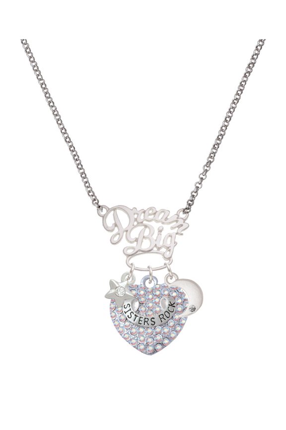Silvertone Sisters Rock on AB Crystal Heart Silvertone Dream Big Pendant Necklace, 25"