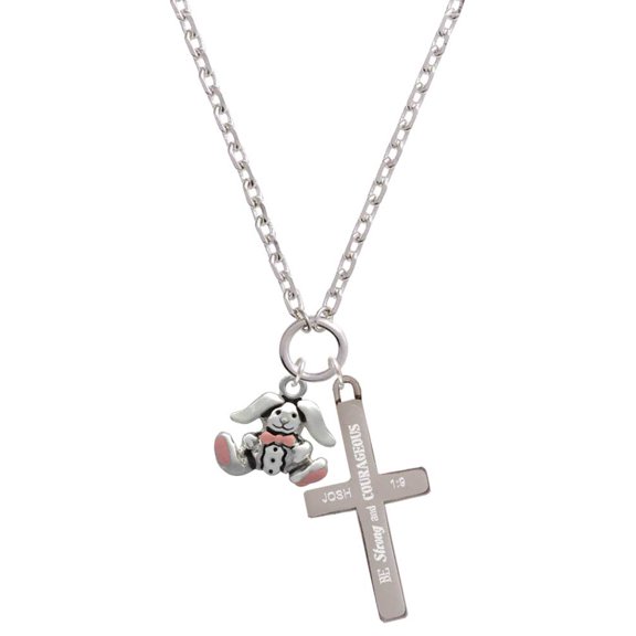 Delight Jewelry Silvertone Sitting Bunny with Easter Egg Be Strong and Courageous Engraved Cross Zoey Necklace, 28"