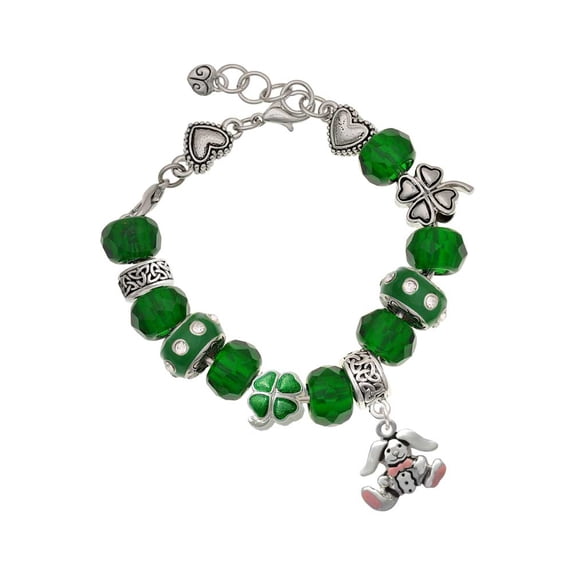 Delight Jewelry Silvertone Sitting Bunny with Easter Egg - Green Irish Luck Bead Charm Bracelet, 7.5"