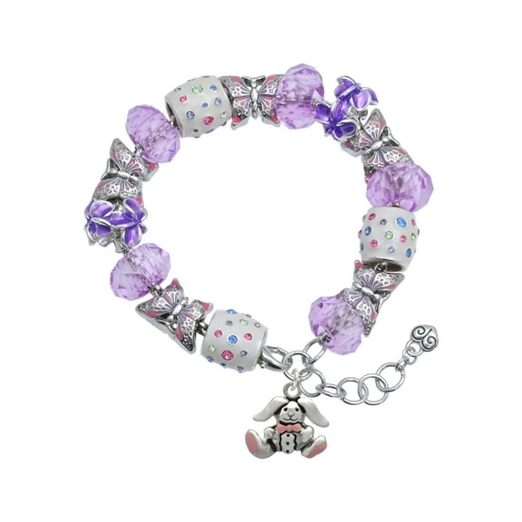 Delight Jewelry Silvertone Sitting Bunny with Easter Egg Purple Butterfly Bead Charm Bracelet, 7"+1" Extender