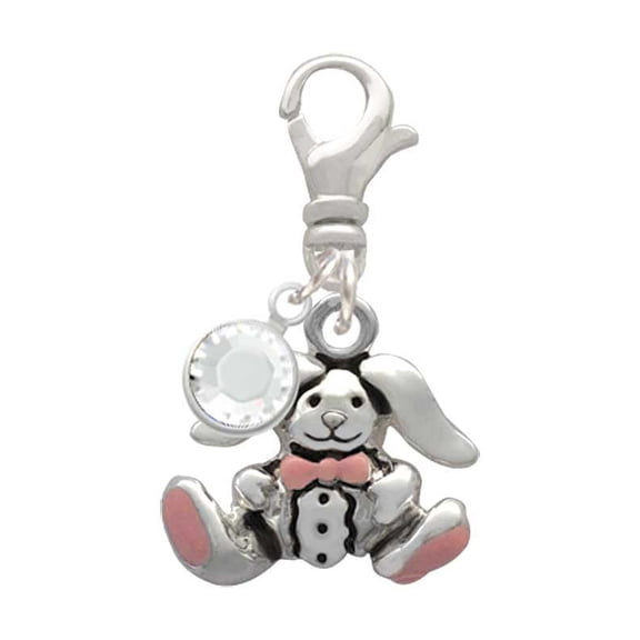 Delight Jewelry Silvertone Sitting Bunny with Easter Egg - Silvertone Clip on Charm with Clear Crystal Drop