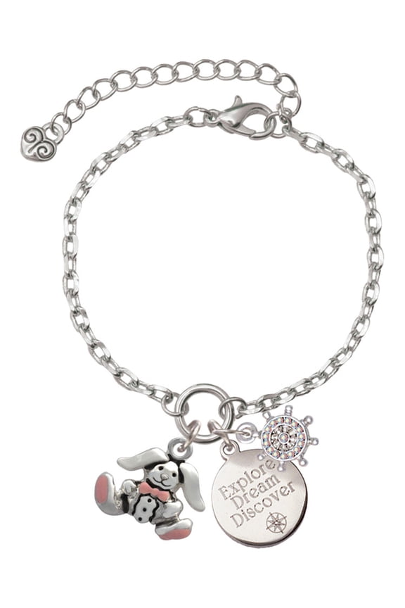 Silvertone Sitting Bunny with Easter Egg Silvertone Discover Dream Explore Zoey Charm Bracelet, 6.5+2" Extender