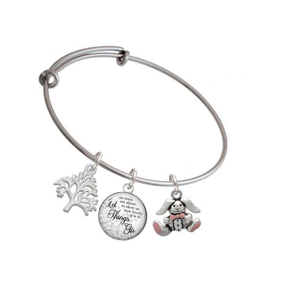 Delight Jewelry Silvertone Sitting Bunny with Easter Egg Silvertone Let Things Go Tree Charm Bangle Bracelet