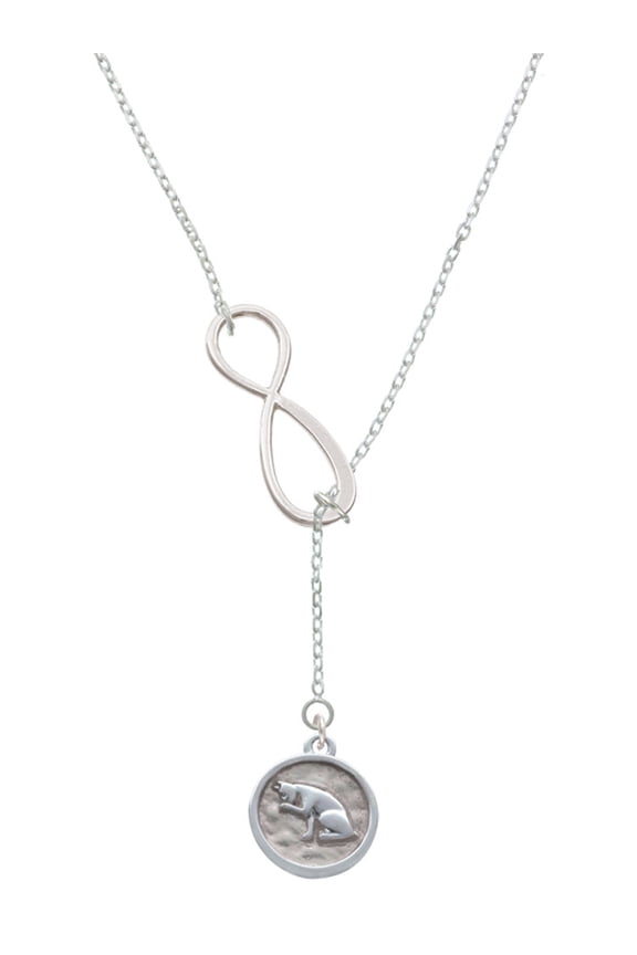 Silvertone Sitting Cat - Round Seal Silver tone Elegant Infinity Lariat Necklace