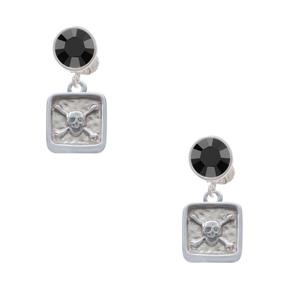 Delight Jewelry Silvertone Skull and Bones - Square Seal Black Crystal Clip on Earrings