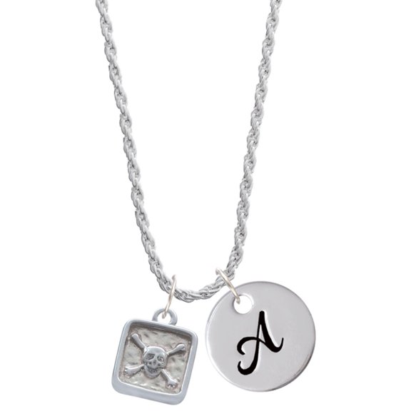 Delight Jewelry Silvertone Skull and Bones - Square Seal Silvertone Script Initial Disc - A - Charm Necklace, 20"+3"