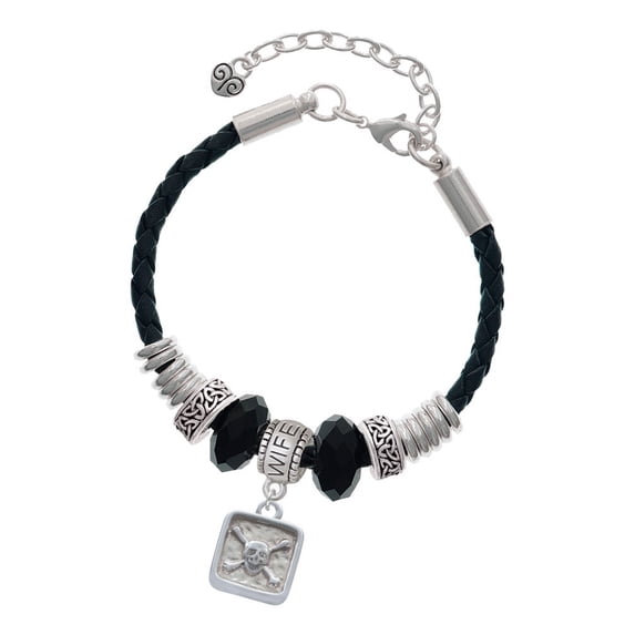 Delight Jewelry Silvertone Skull and Bones - Square Seal Wife Celtic Knot Leather Bead Bracelet, 7"+2" Extender