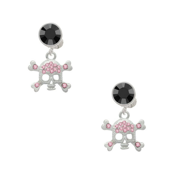 Delight Jewelry Silvertone Skull and Crossbones with Pink Crystals Black Crystal Clip on Earrings