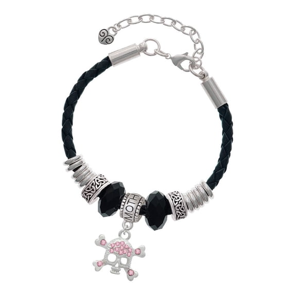 Delight Jewelry Silvertone Skull and Crossbones with Pink Crystals Mother Celtic Knot Leather Bead Bracelet, 7"+2" Extender