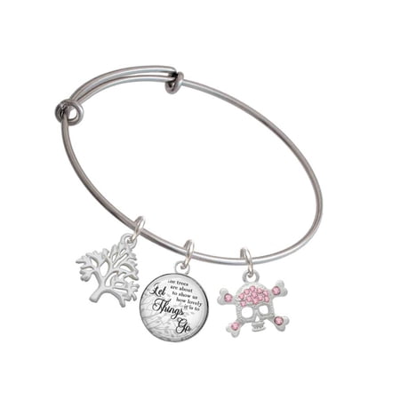 Delight Jewelry Silvertone Skull and Crossbones with Pink Crystals Silvertone Let Things Go Tree Charm Bangle Bracelet