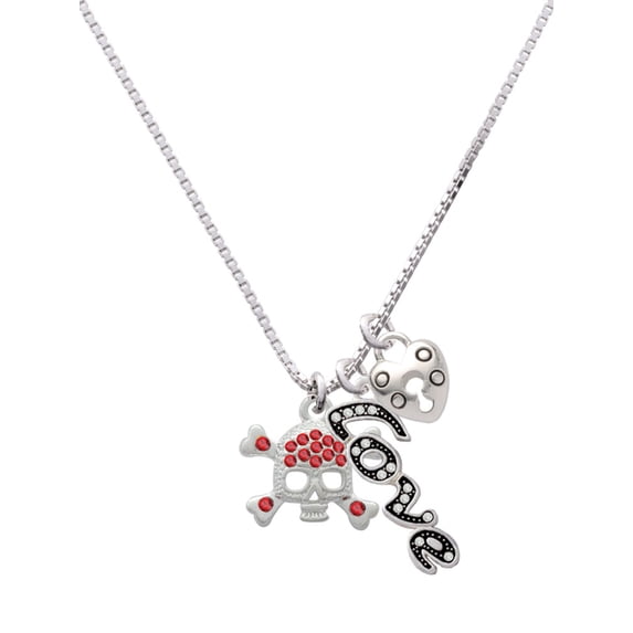 Delight Jewelry Silvertone Skull and Crossbones with Red Crystals - Love and Lock Charm Necklace, 18"+1"