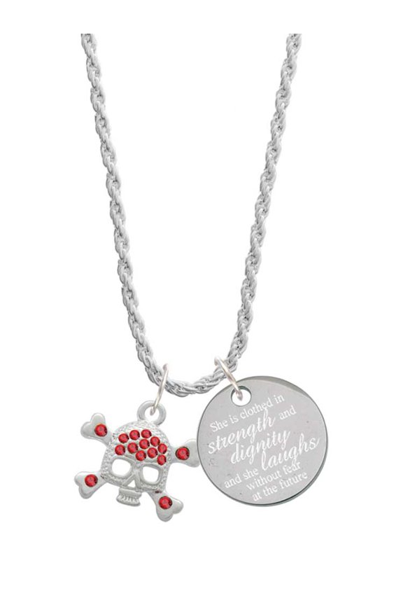 Silvertone Skull and Crossbones with Red Crystals She is Clothed in Stength and Dignity Charm Necklace, 20"+3"
