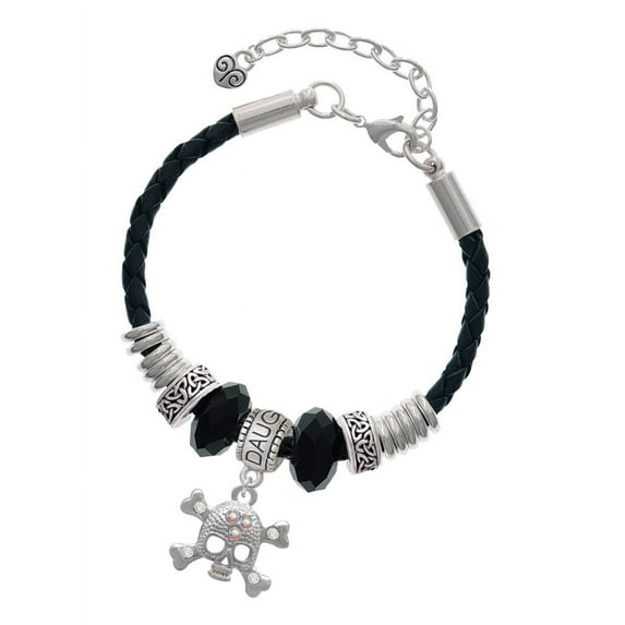 Delight Jewelry Silvertone Skull with 3 AB Crystals Daughter Celtic Knot Leather Bead Bracelet, 7"+2" Extender