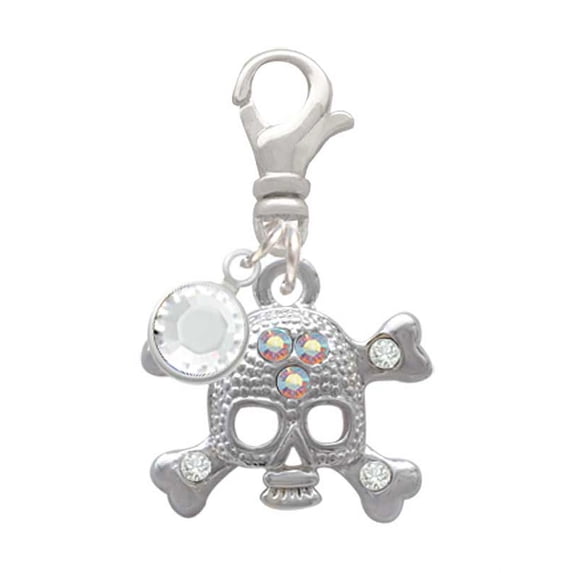 Delight Jewelry Silvertone Skull with 3 AB Crystals - Silvertone Clip on Charm with Clear Crystal Drop