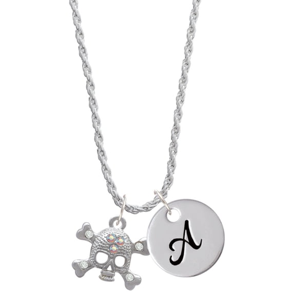 Delight Jewelry Silvertone Skull with 3 AB Crystals Silvertone Script Initial Disc - A - Charm Necklace, 20"+3"