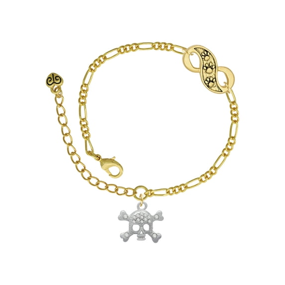 Delight Jewelry Silvertone Skull with Clear Crystals Gold-tone Paw Infinity Link Chain Bracelet, 6"+2" Extender