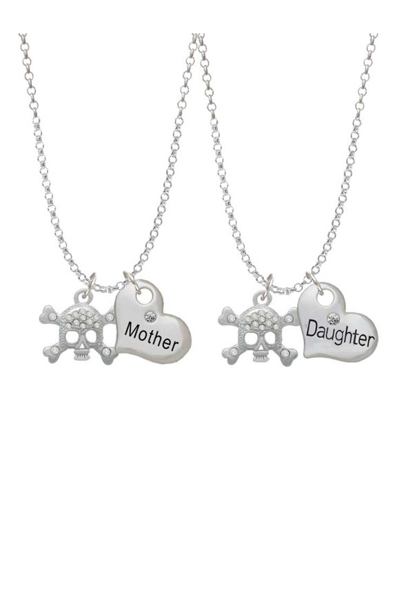 Silvertone Skull with Clear Crystals Mother & Daughter Heart Necklaces (Set of 2), 19"+2"