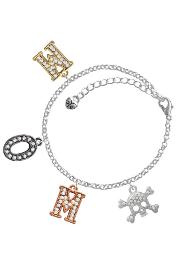 Silvertone Skull with Clear Crystals Multi-Colored Crystal Mom Charm Bracelet