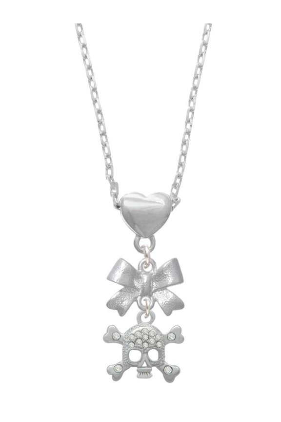Silvertone Skull with Clear Crystals Silver tone Bow Heart Necklace