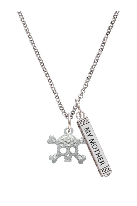 Silvertone Skull with Clear Crystals Silvertone Always My Mother Bar Charm Necklace, 23"