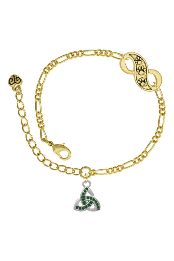 Silvertone Small 2-D Green Trinity Knot Gold-tone Paw Infinity Link Chain Bracelet, 6"+2" Extender